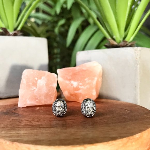 Sterling Silver Bordered Crystal Stud Earrings - Picture 3 of 6